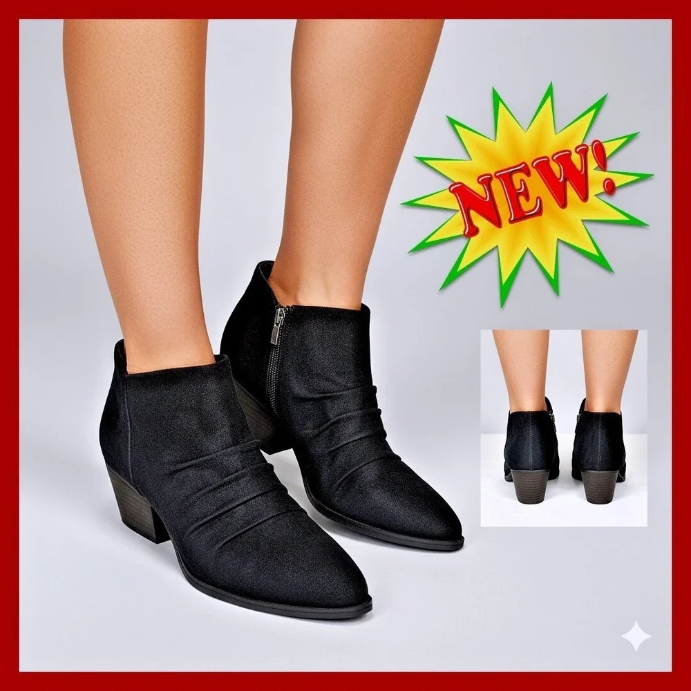 LifeStride Reba Ankle Boots Black Zip Pleated Block Heel Women US 11W‎ EU 42
